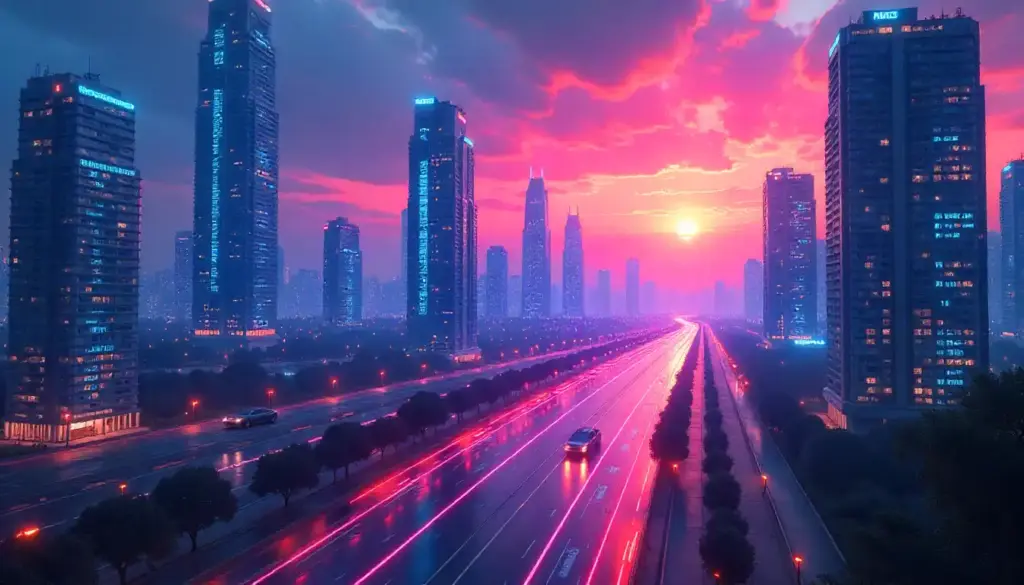 Smart city infrastructure with digital overlays.