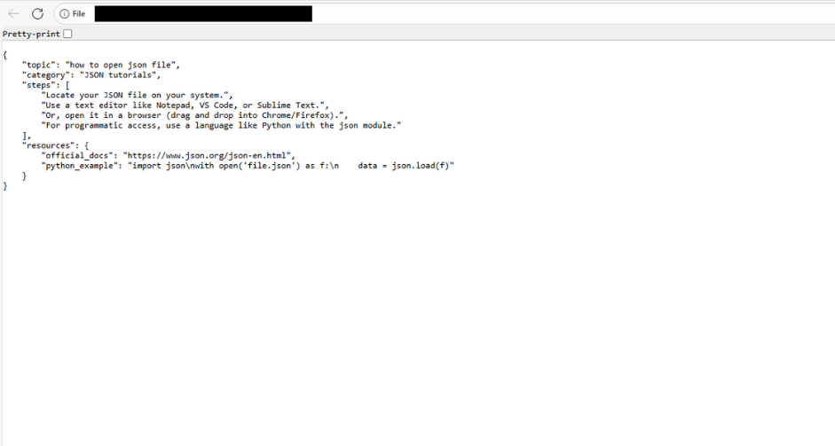 json file opened in browser