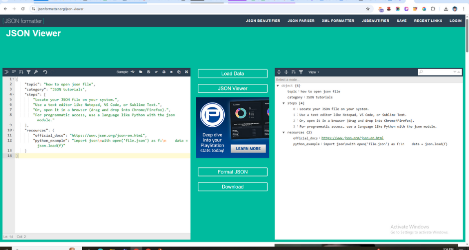 json file opened with online jsno viewer